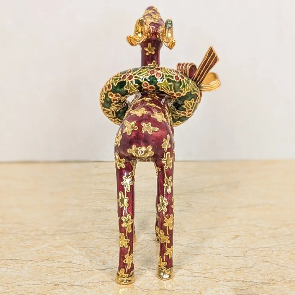Vintage NYCO Cloisonne Enamel  Maroon Reindeer Gold Star Green Christmas Wreath